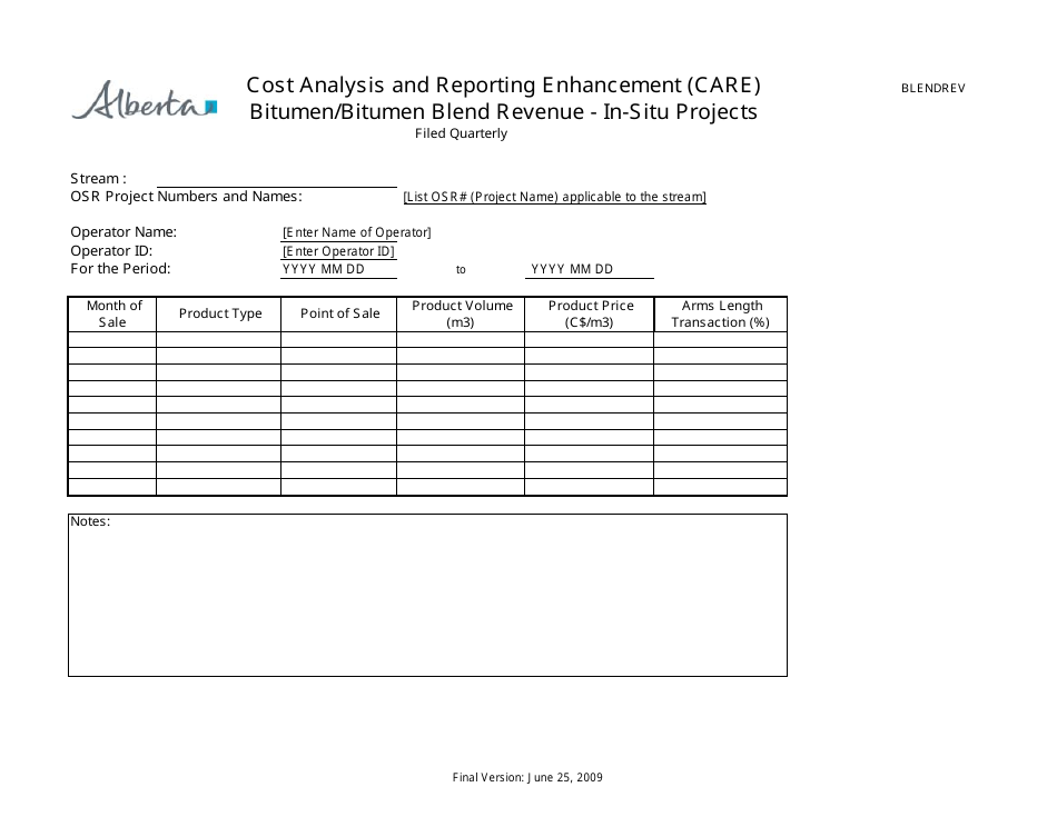 Cost Analysis and Reporting Enhancement (Care) Bitumen / Bitumen Blend Revenue - in-Situ Projects - Alberta, Canada, Page 1
