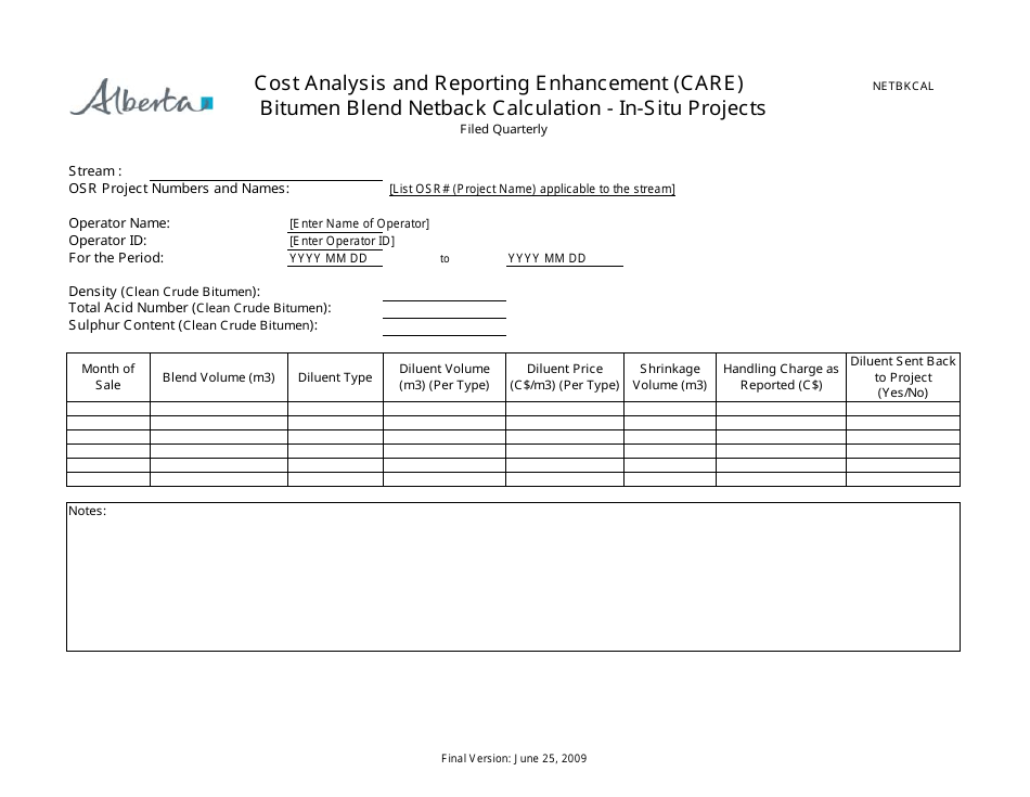 Cost Analysis and Reporting Enhancement (Care) Bitumen Blend Netback Calculation - in-Situ Projects - Alberta, Canada, Page 1