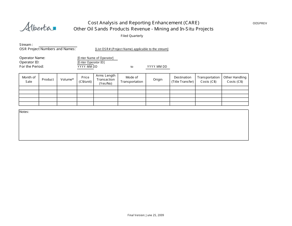 Form OOSPREV Cost Analysis and Reporting Enhancement (Care) Other Oil Sands Products Revenue - Mining and in-Situ Projects - Alberta, Canada, Page 1