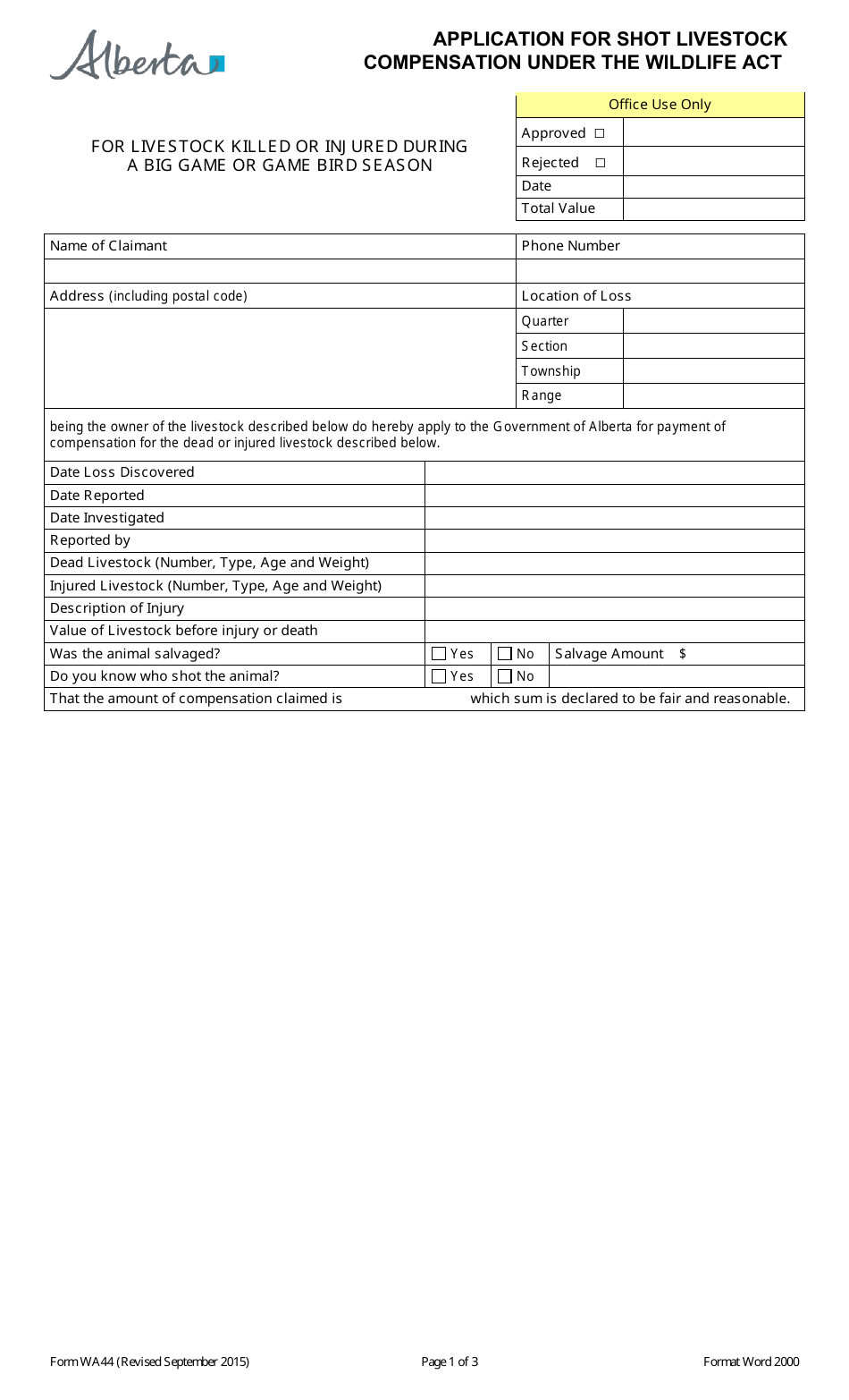 Form WA44 Application for Shot Livestock Compensation Under the Wildlife Act - Alberta, Canada, Page 1