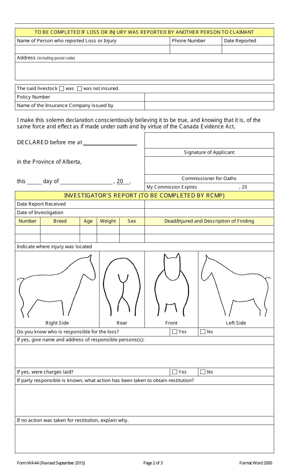 Form WA44 Application for Shot Livestock Compensation Under the Wildlife Act - Alberta, Canada, Page 2