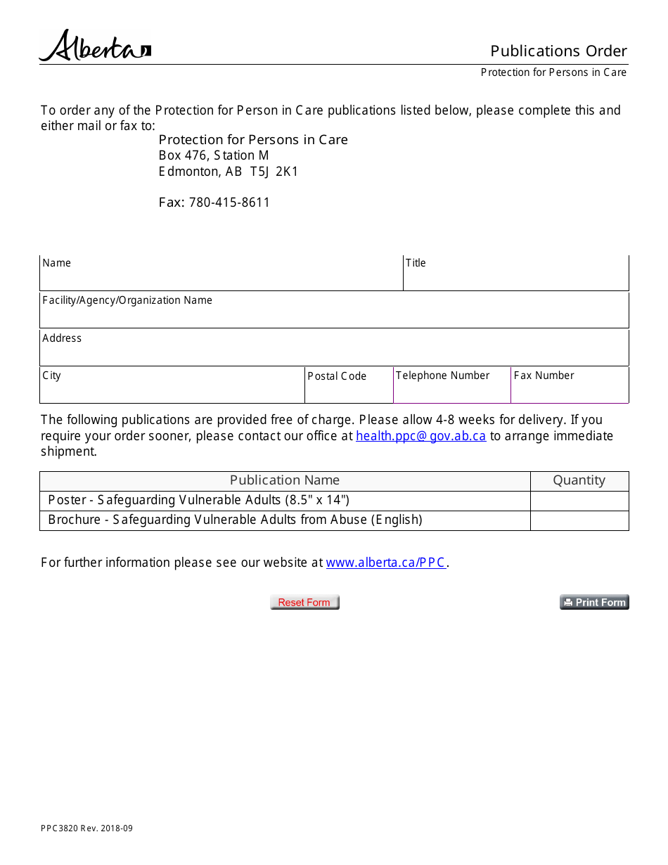 Form PPC3820 Publications Order - Alberta, Canada, Page 1