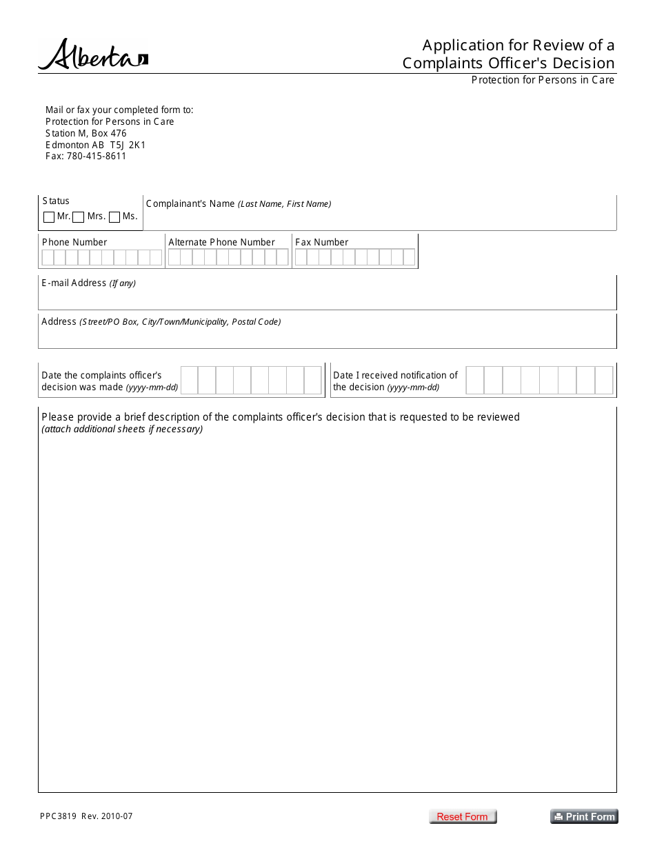 Form PPC3819 Application for Review of a Complaints Officers Decision - Alberta, Canada, Page 1