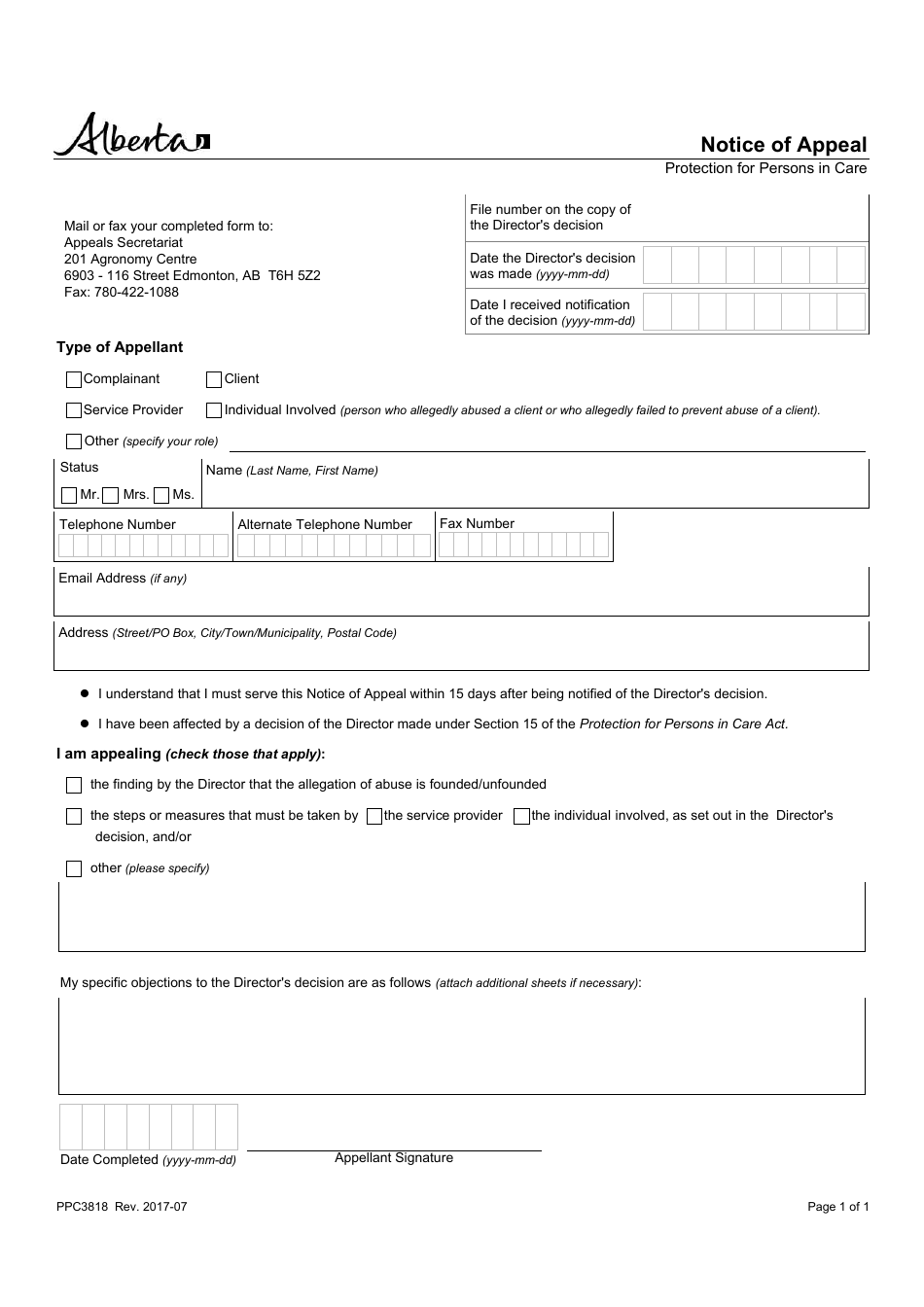 Form PPC3818 Notice of Appeal - Alberta, Canada, Page 1