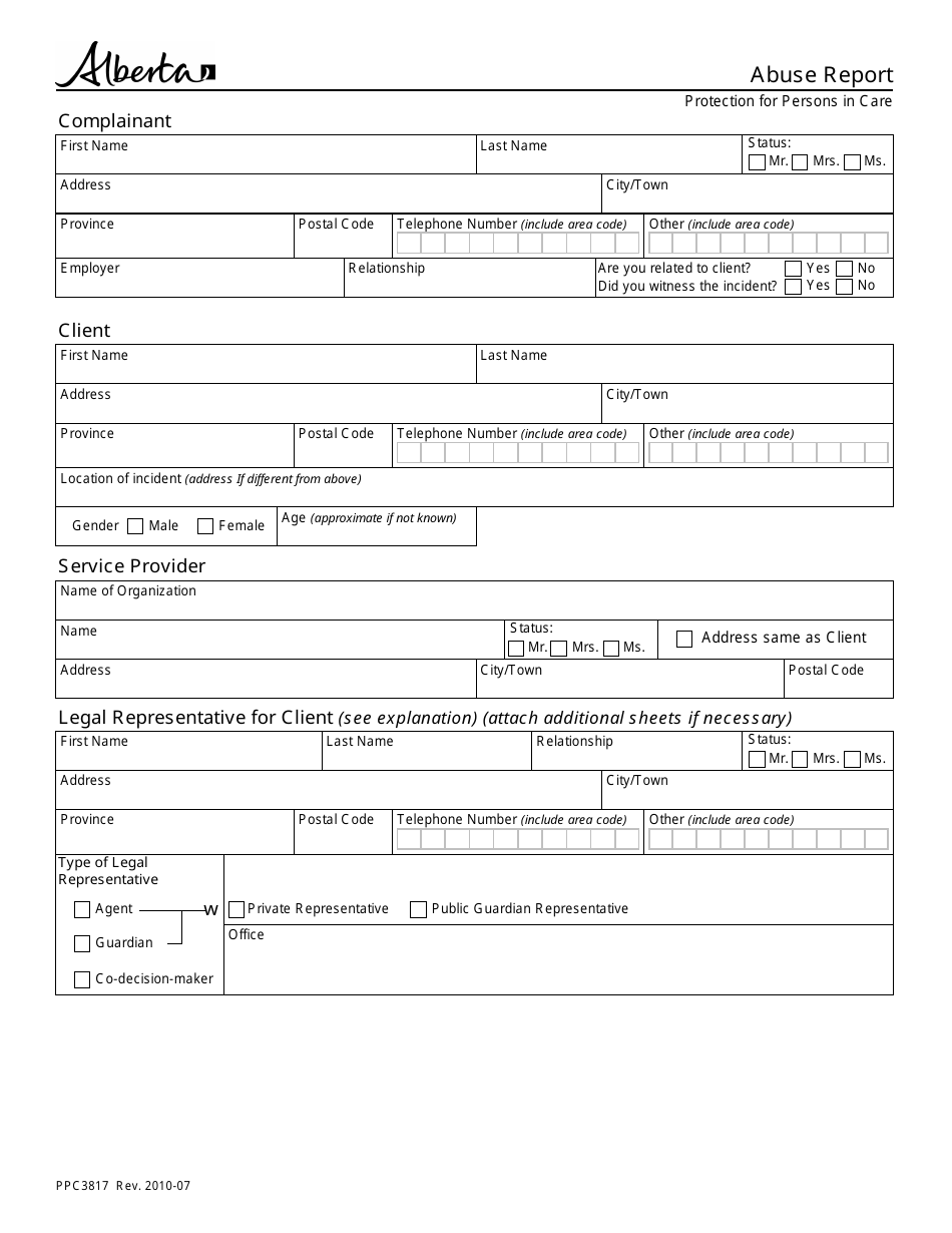 Form PPC3817 Abuse Report - Alberta, Canada, Page 1