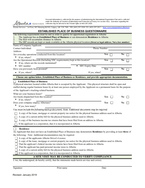 Established Place of Business Questionnaire - Alberta, Canada Download Pdf