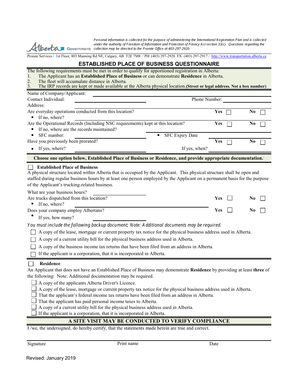 Established Place of Business Questionnaire - Alberta, Canada, Page 1