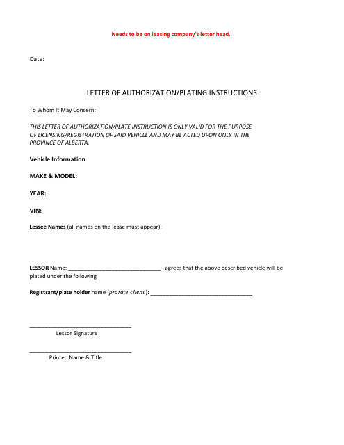 Letter of Authorization / Plating - Alberta, Canada Download Pdf