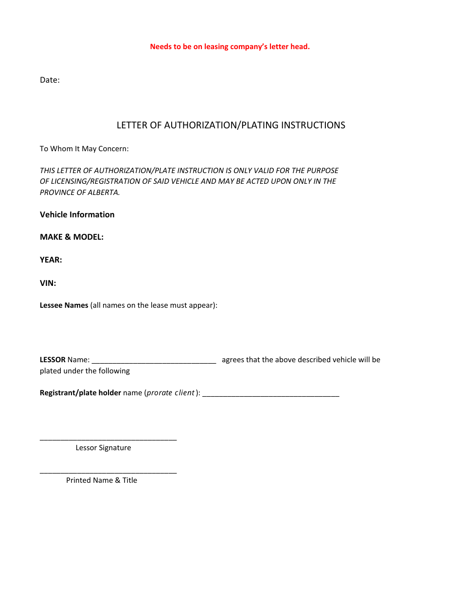 Letter of Authorization / Plating - Alberta, Canada, Page 1