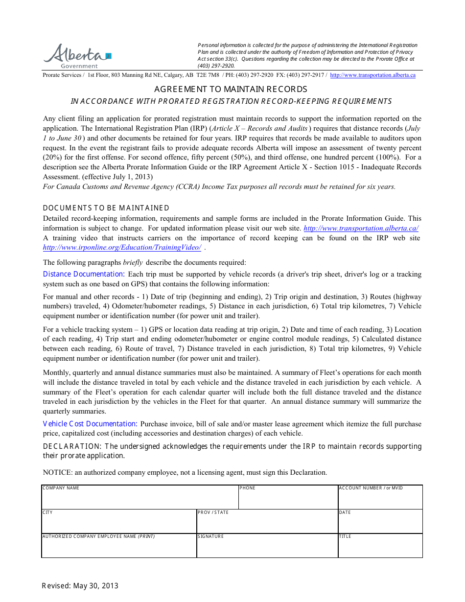 Agreement to Maintain Records - Alberta, Canada, Page 1
