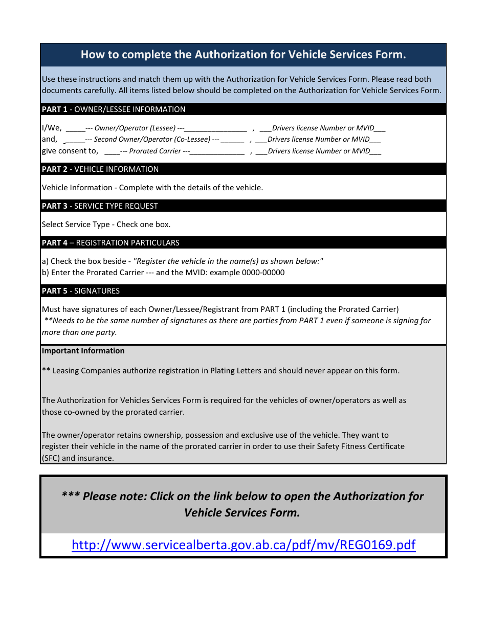 Download Instructions for Form REG0169 Authorization for Vehicle