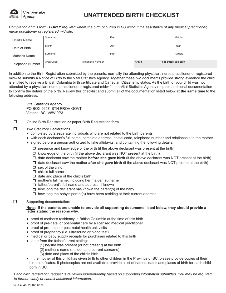Form VSA404B Unattended Birth Checklist - British Columbia, Canada, Page 1
