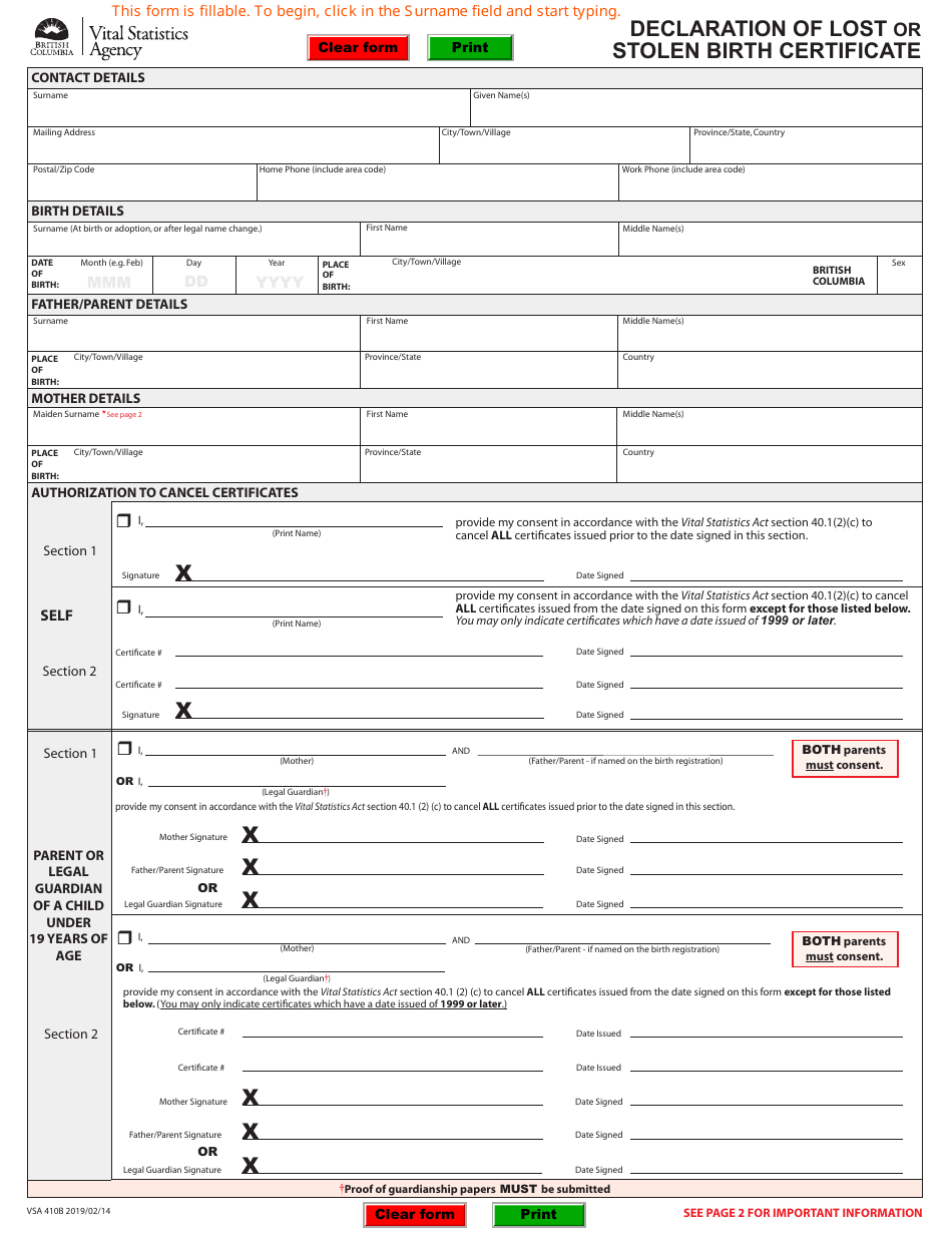 Form VSA410B Declaration of Lost or Stolen Birth Certificate - British Columbia, Canada, Page 1