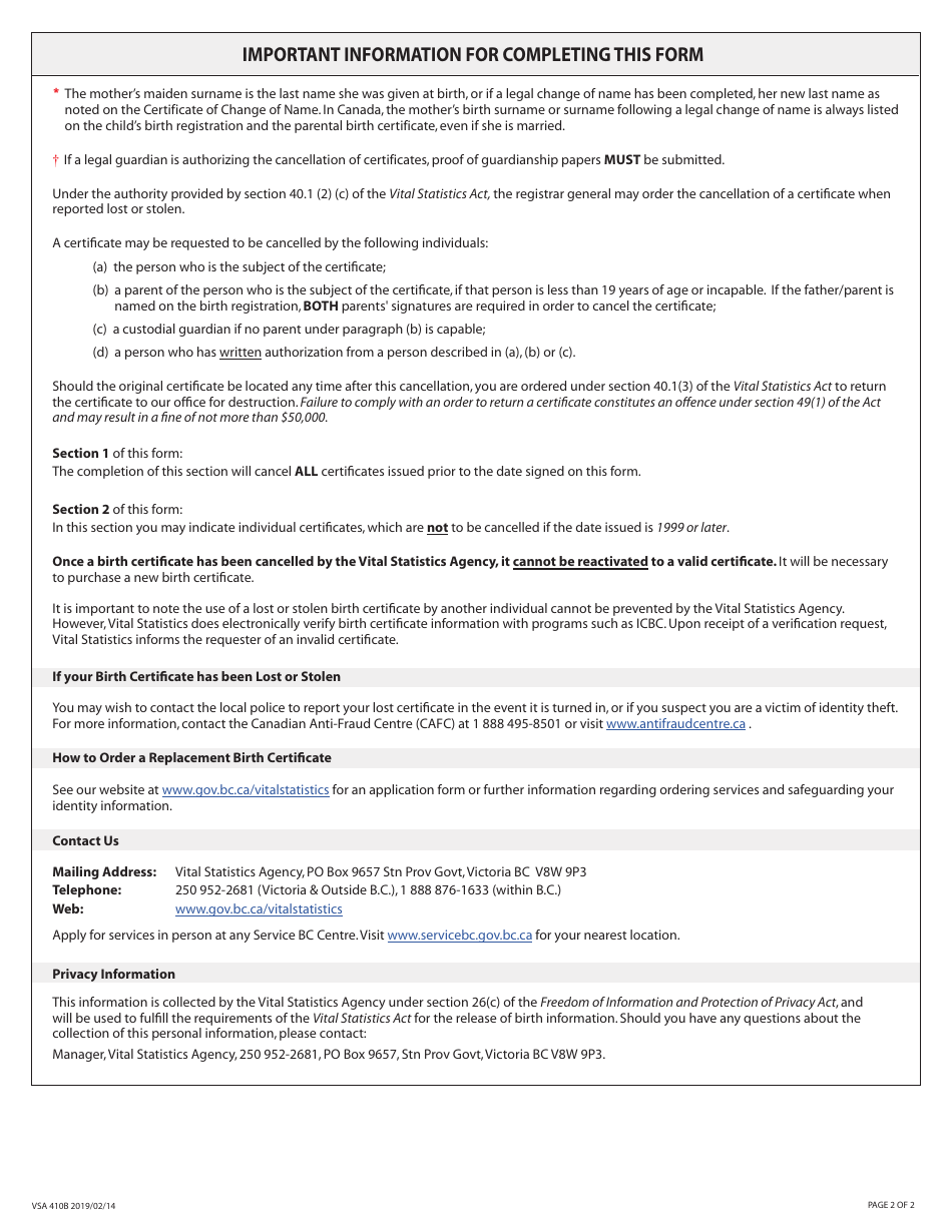 Form VSA410B Declaration of Lost or Stolen Birth Certificate - British Columbia, Canada, Page 2