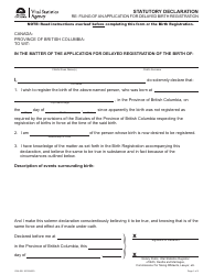 Form VSA409 Statutory Declaration Re: Filing of an Application for Delayed Birth Registration - British Columbia, Canada