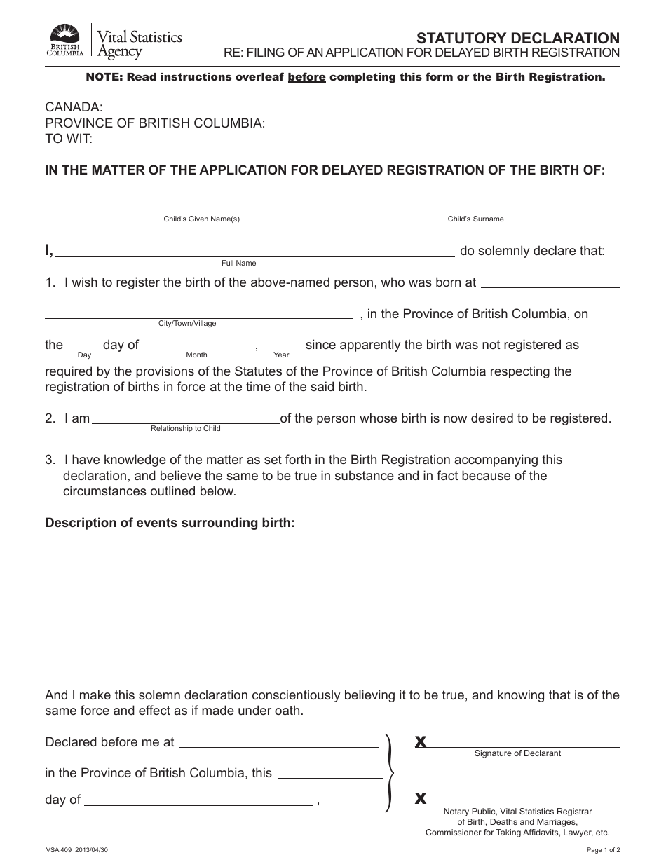 Form VSA409 Statutory Declaration Re: Filing of an Application for Delayed Birth Registration - British Columbia, Canada, Page 1