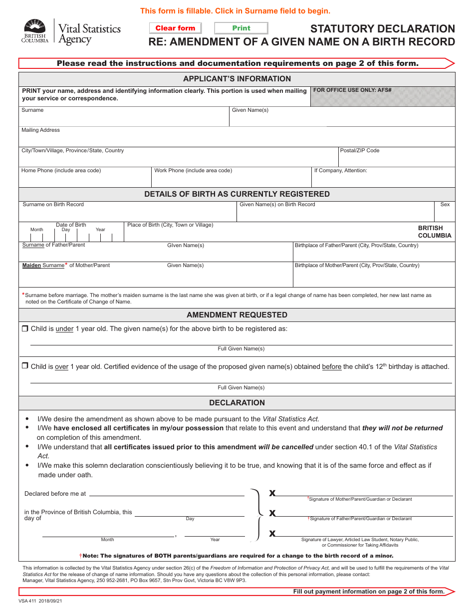 Form VSA411 Statutory Declaration Re: Amendment of a Given Name on a Birth Record - British Columbia, Canada, Page 1
