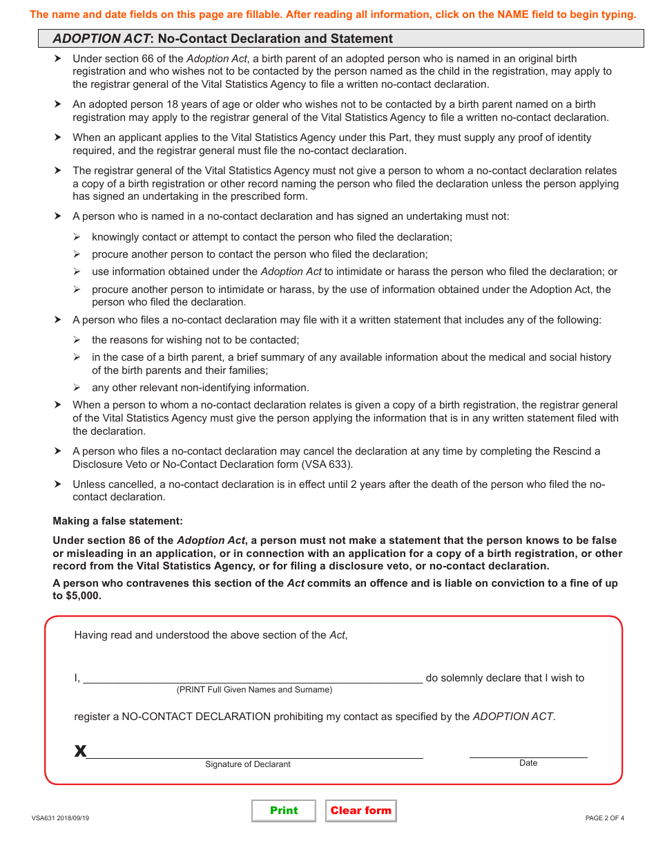 Form VSA631 No-Contact Declaration and Statement Pertaining to an Adopted Person or Birth Parent - British Columbia, Canada, Page 2