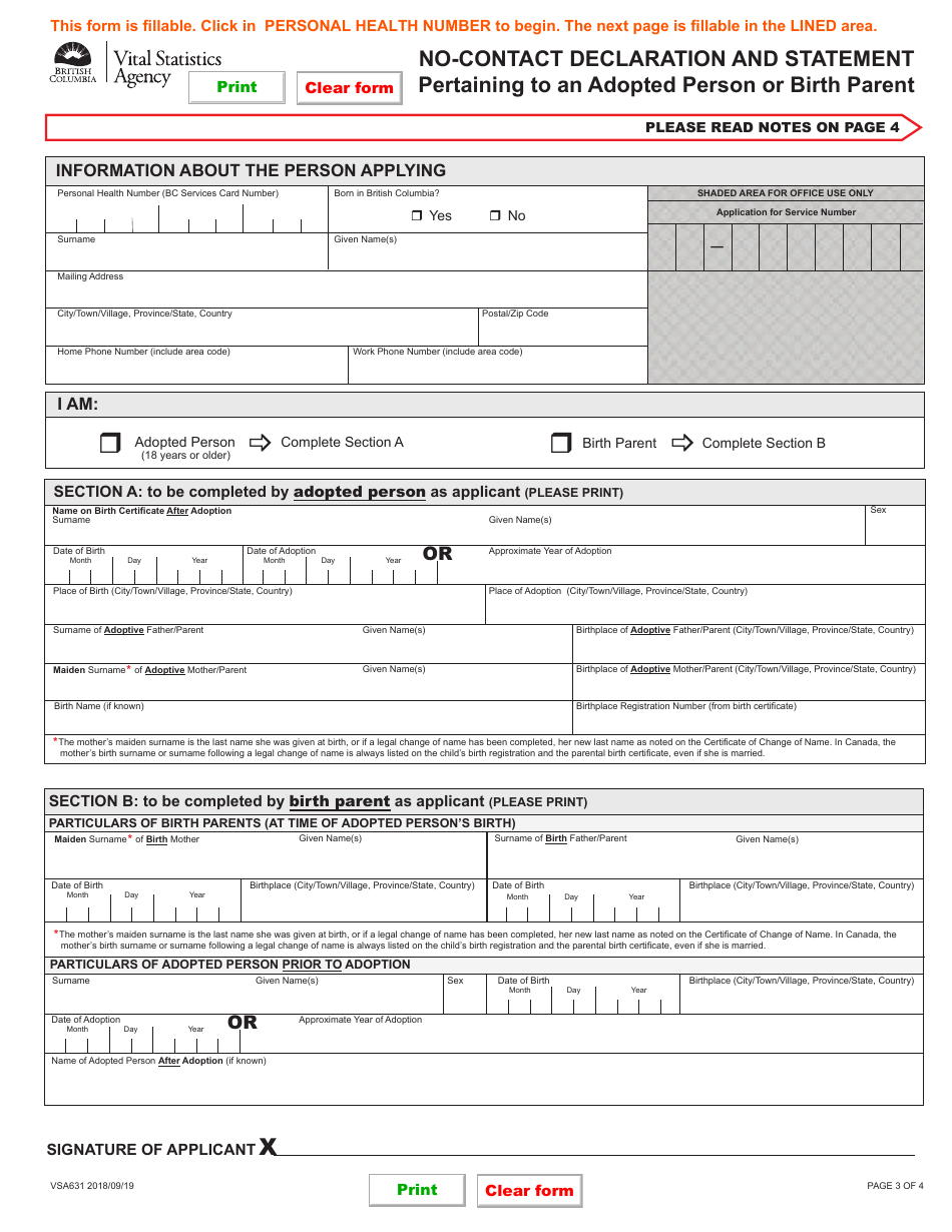 Form VSA631 No-Contact Declaration and Statement Pertaining to an Adopted Person or Birth Parent - British Columbia, Canada, Page 3