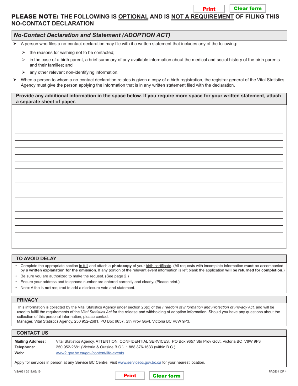 Form VSA631 No-Contact Declaration and Statement Pertaining to an Adopted Person or Birth Parent - British Columbia, Canada, Page 4