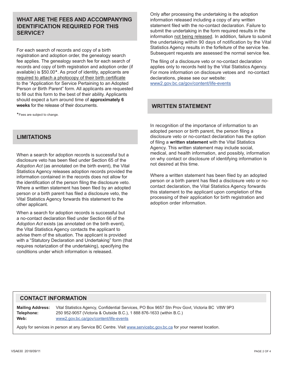 Form VSA630 Application for Service Pertaining to an Adopted Person or Birth Parent - British Columbia, Canada, Page 2