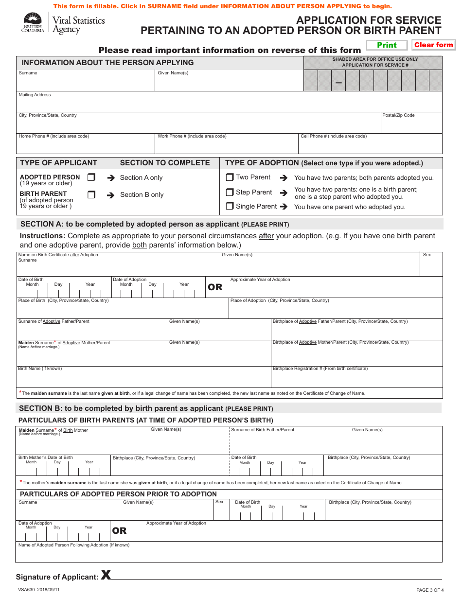 Form VSA630 Application for Service Pertaining to an Adopted Person or Birth Parent - British Columbia, Canada, Page 3