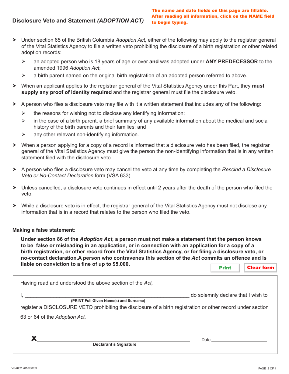 Form VSA632 Disclosure Veto and Statement Pertaining to an Adopted Person or Birth Parent - British Columbia, Canada, Page 2