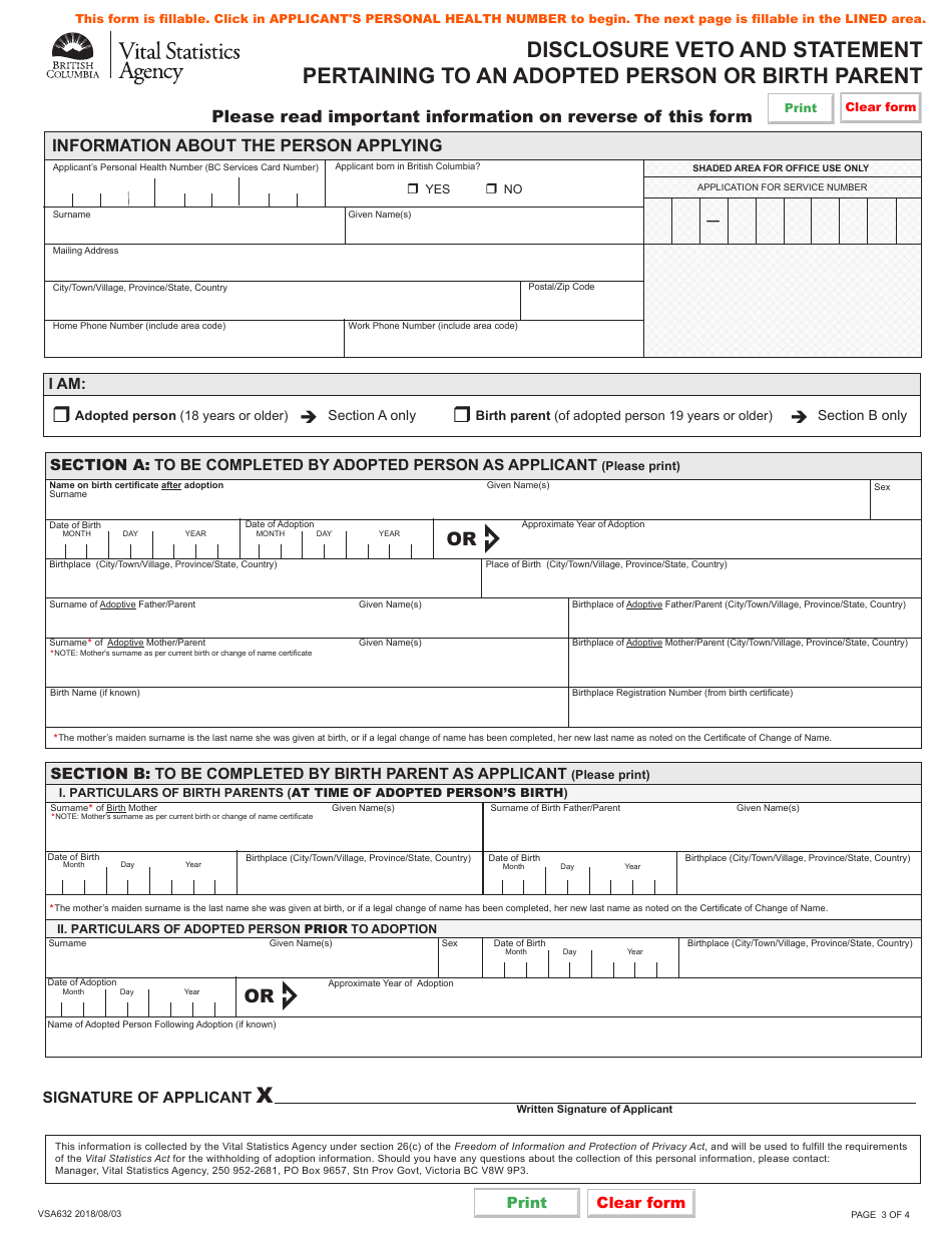 Form VSA632 Disclosure Veto and Statement Pertaining to an Adopted Person or Birth Parent - British Columbia, Canada, Page 3