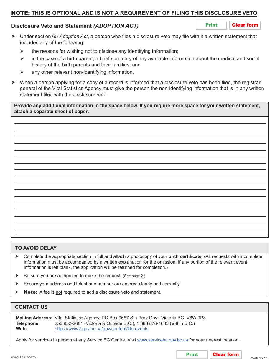 Form VSA632 Disclosure Veto and Statement Pertaining to an Adopted Person or Birth Parent - British Columbia, Canada, Page 4