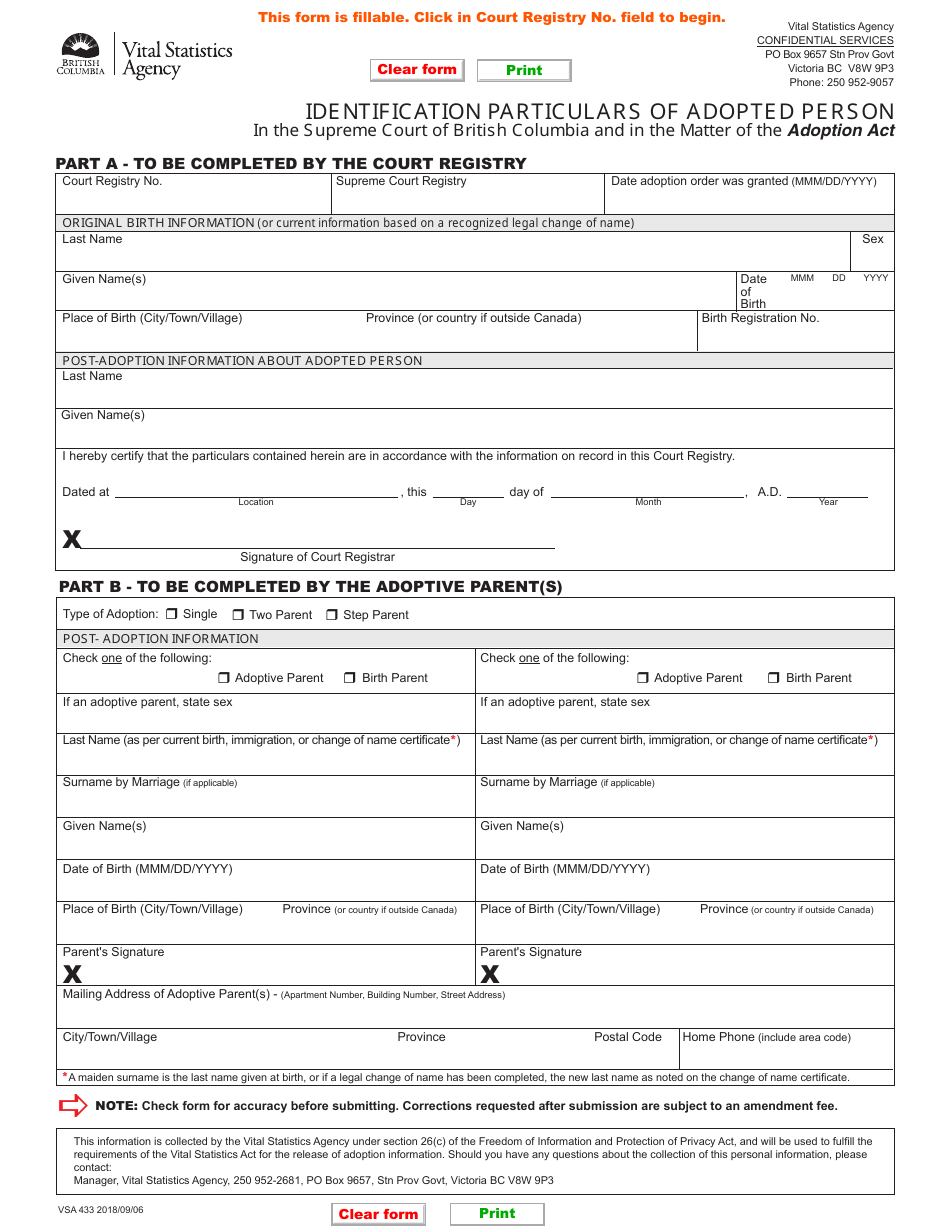 Form VSA433 Identification Particulars of Adopted Person - British Columbia, Canada, Page 1