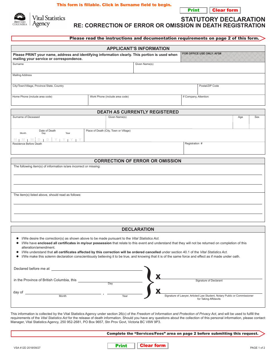 Form Vsa412d Download Fillable Pdf Or Fill Online Statutory Declaration Re Correction Of Error Or Omission In Death Registration British Columbia Canada Templateroller
