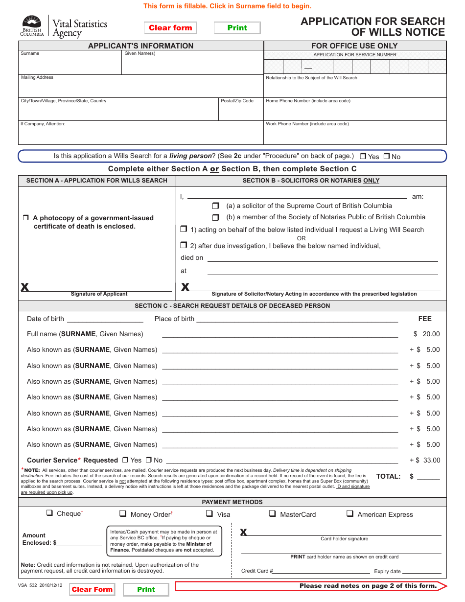 Form VSA532 Application for Search of Wills Notice - British Columbia, Canada, Page 1