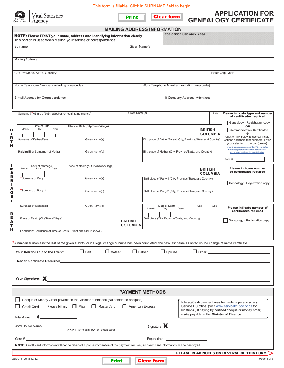 Form VSA013 Application for Genealogy Certificate - British Columbia, Canada, Page 1