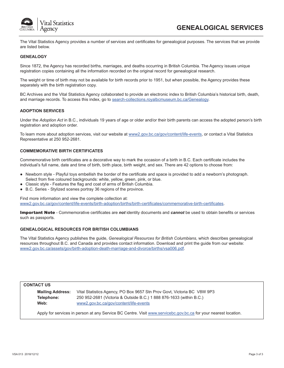 Form VSA013 Application for Genealogy Certificate - British Columbia, Canada, Page 3