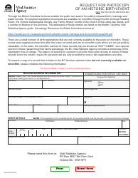 Form VSA797 Request for Photocopy of an Historic Birth Event (Not on Released Microfilms) - British Columbia, Canada