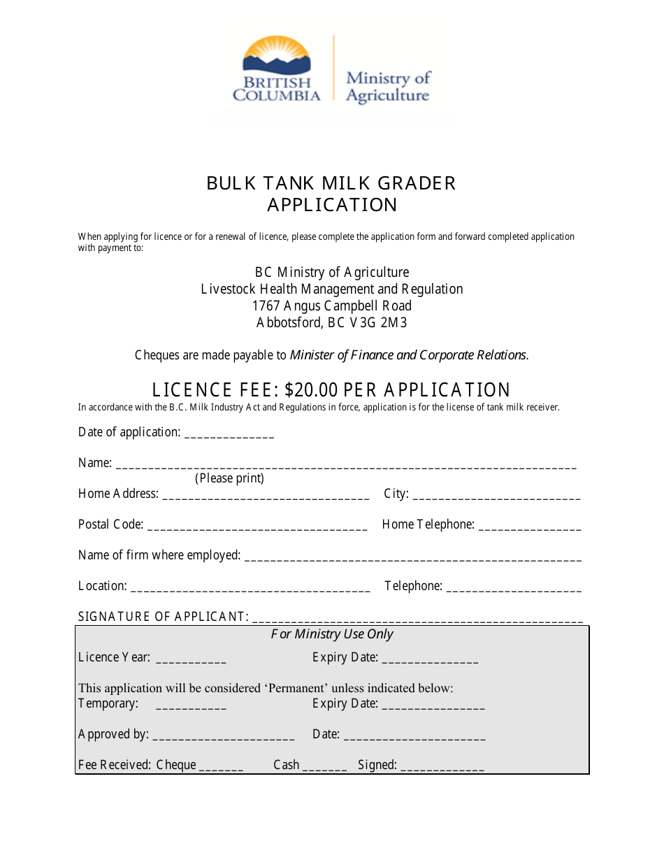 Bulk Tank Milk Grader Application - British Columbia, Canada, Page 1