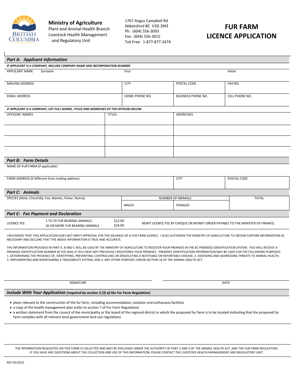 Fur Farm Licence Application - British Columbia, Canada, Page 1