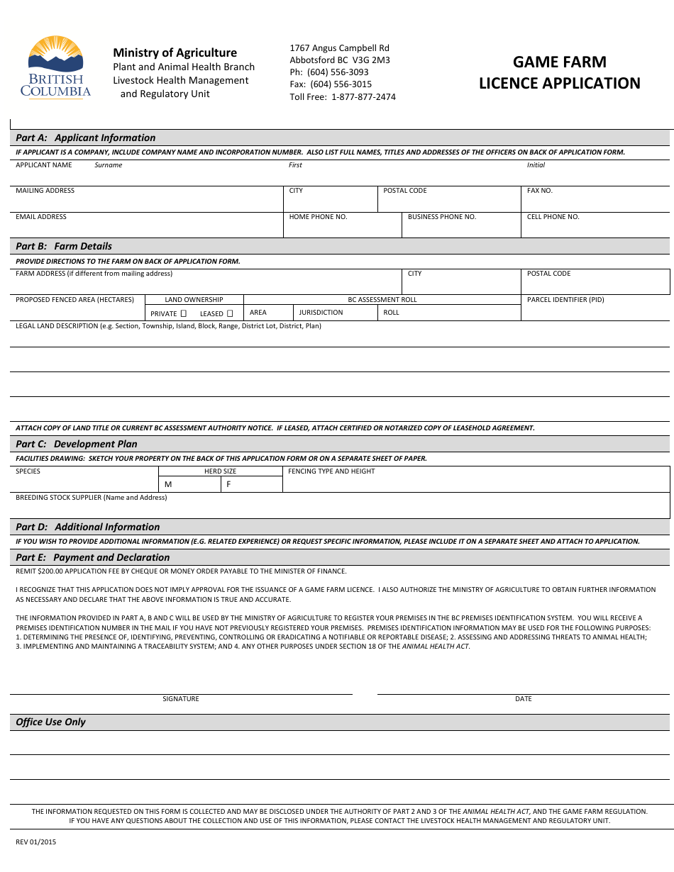 Game Farm Licence Application - British Columbia, Canada, Page 1