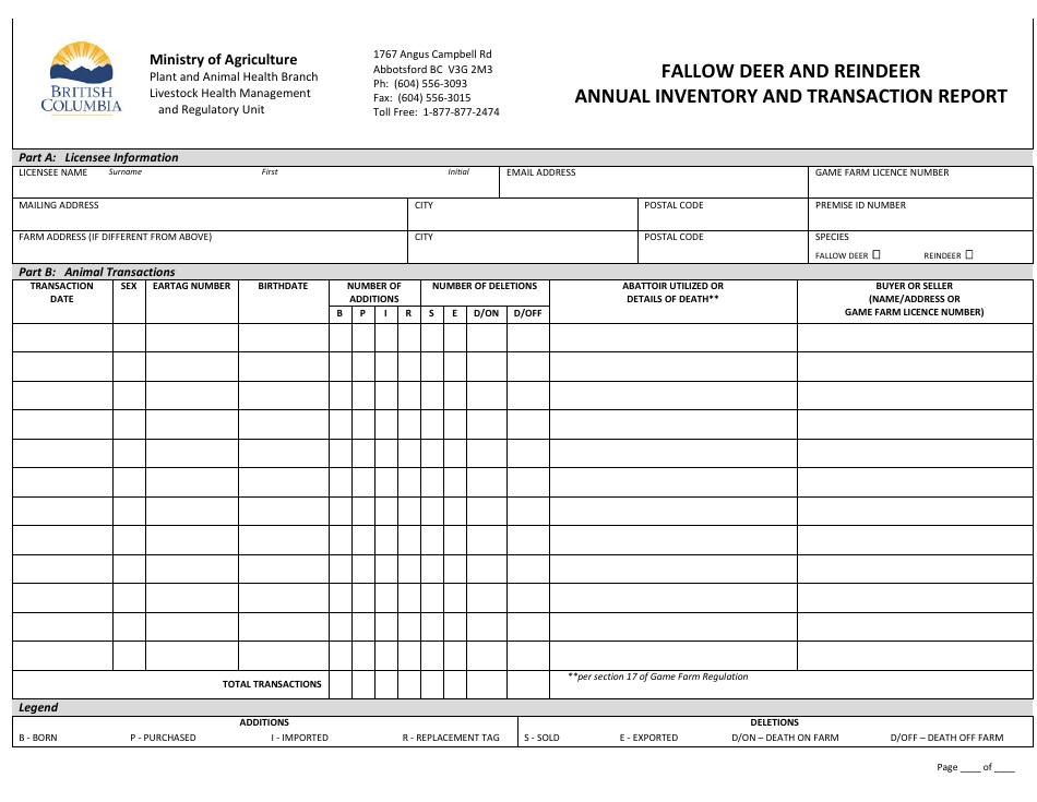 British Columbia Canada Fallow Deer and Reindeer Annual Inventory and ...
