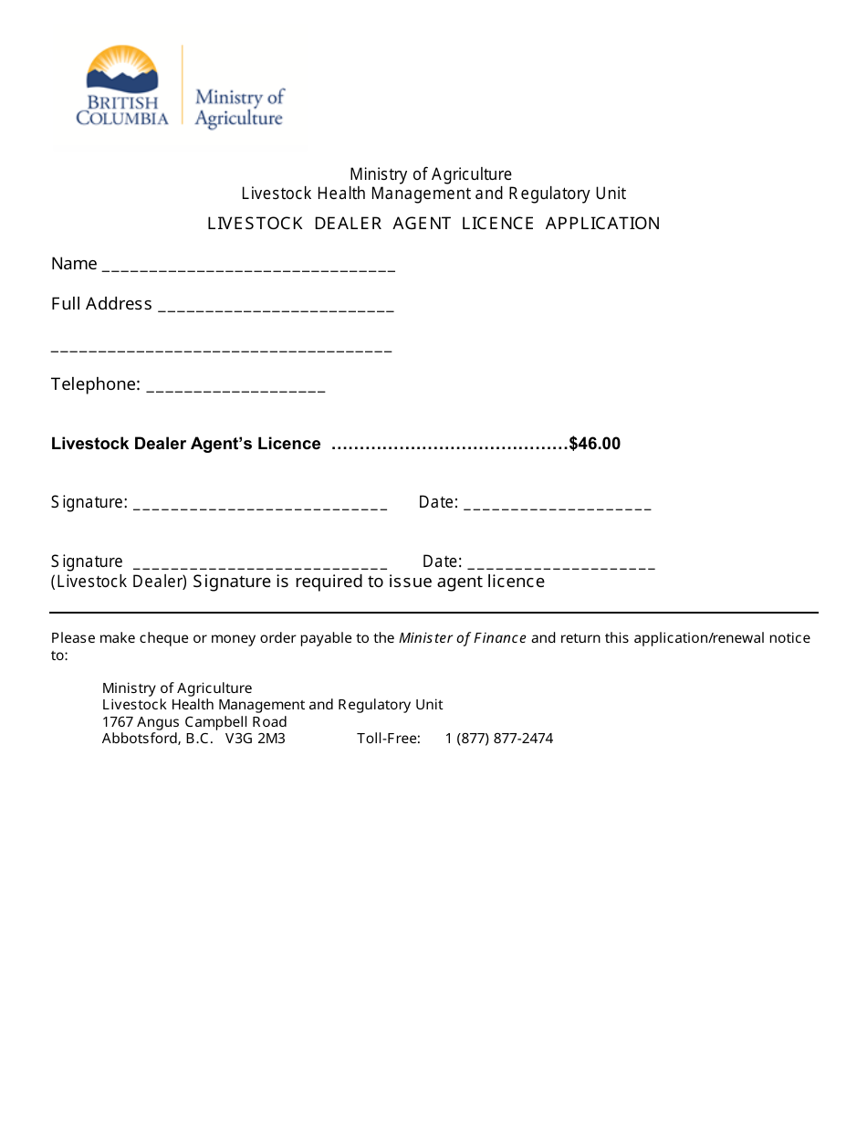 British Columbia Canada Livestock Dealer Agent Licence Application Fill Out, Sign Online and