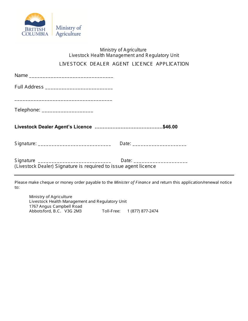 Livestock Dealer Agent Licence Application - British Columbia, Canada, Page 1