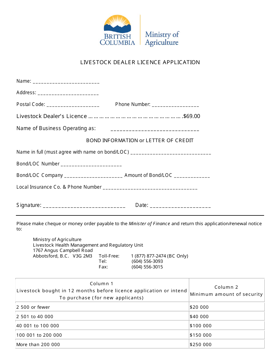 British Columbia Canada Livestock Dealer Licence Application Fill Out
