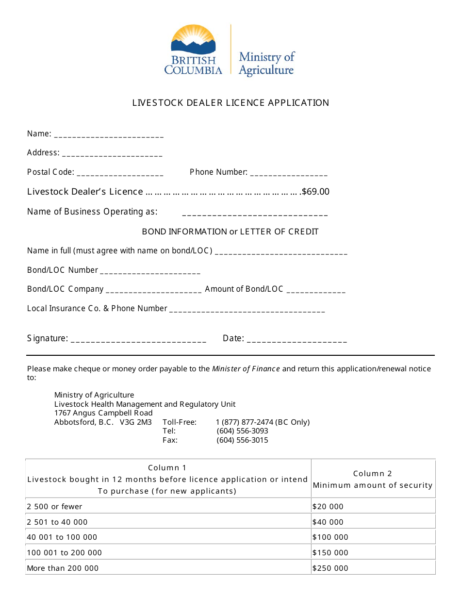 Livestock Dealer Licence Application - British Columbia, Canada, Page 1