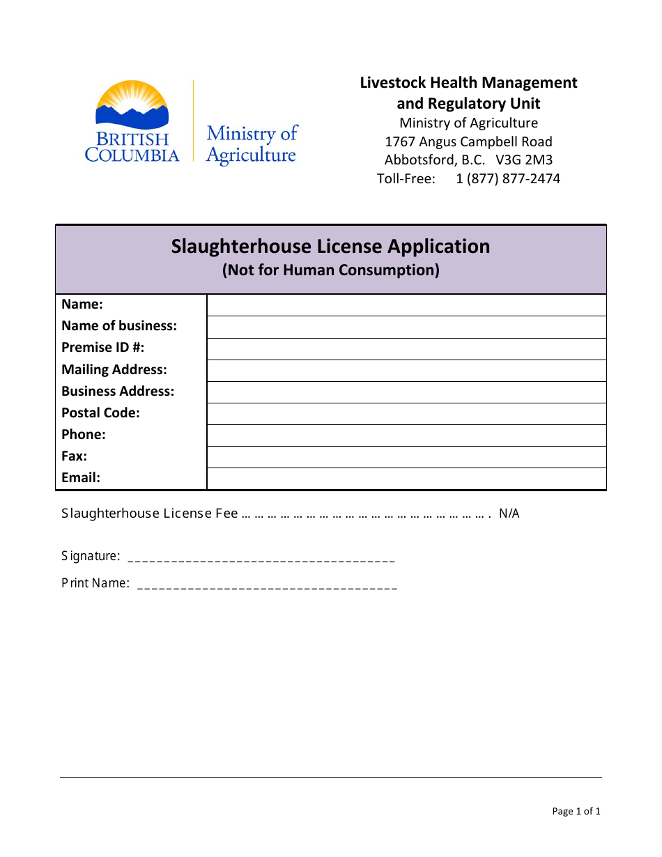 Slaughterhouse License Application (Not for Human Consumption) - British Columbia, Canada, Page 1