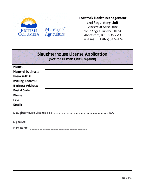 Slaughterhouse License Application (Not for Human Consumption) - British Columbia, Canada Download Pdf