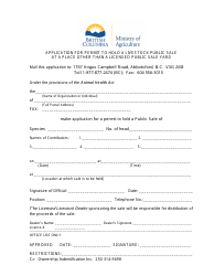 Document preview: Application for Permit to Hold a Livestock Public Sale at a Place Other Than a Licensed Public Sale Yard - British Columbia, Canada