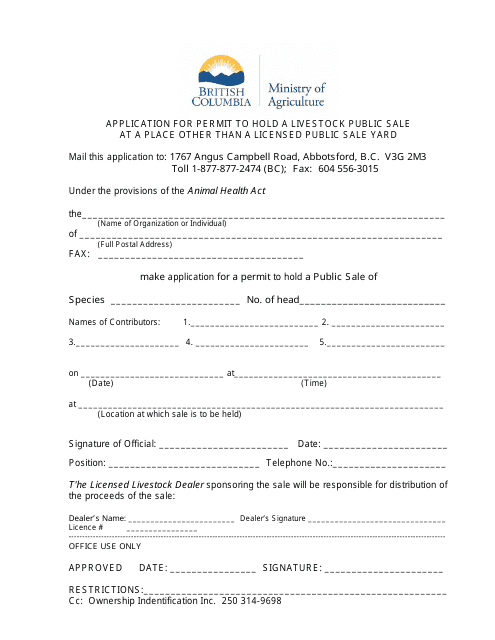 Application for Permit to Hold a Livestock Public Sale at a Place Other Than a Licensed Public Sale Yard - British Columbia, Canada Download Pdf