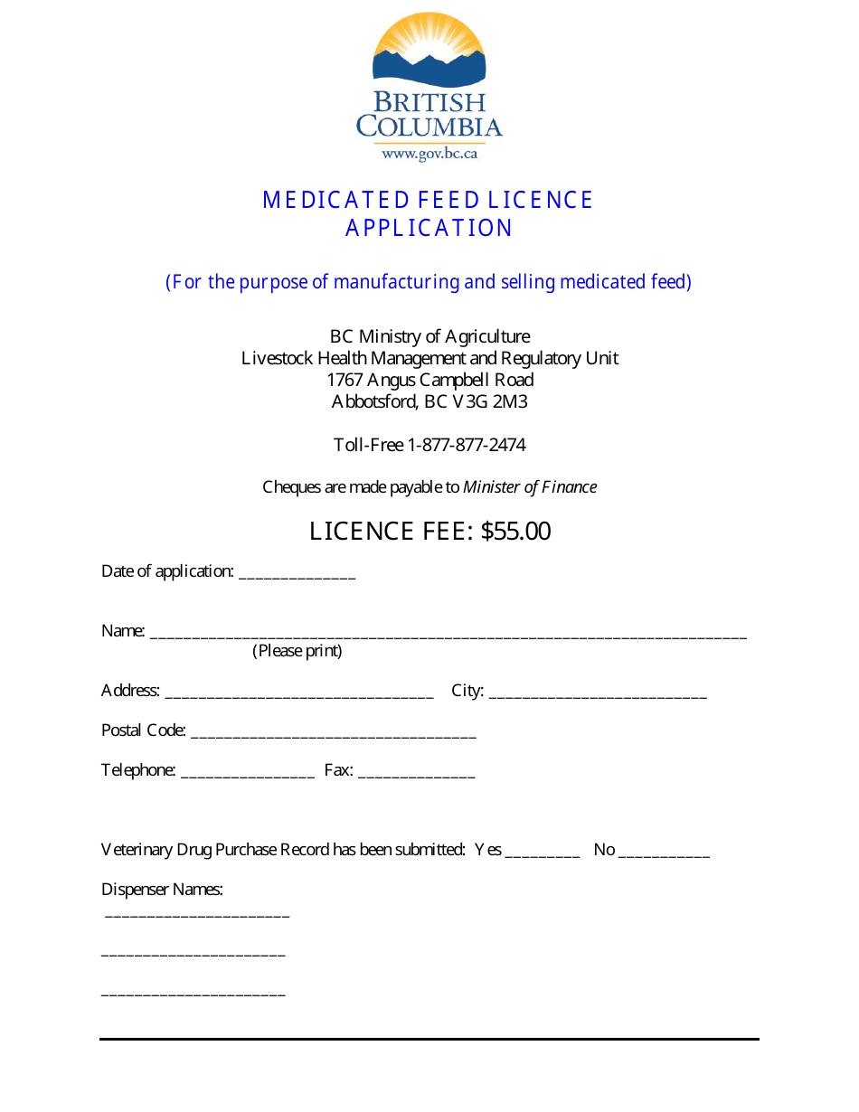 Medicated Feed Licence Application - British Columbia, Canada, Page 1