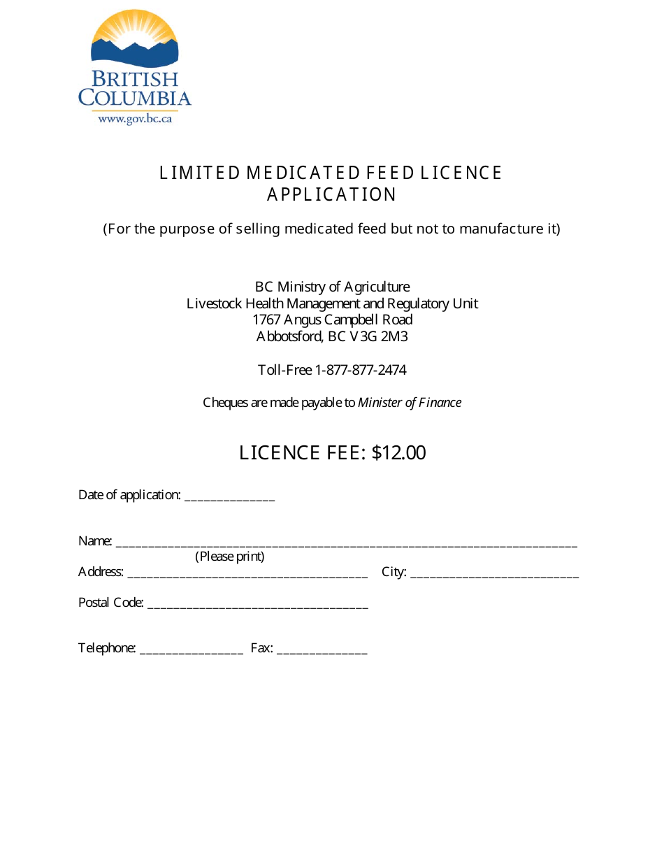 Limited Medicated Feed Licence Application - British Columbia, Canada, Page 1