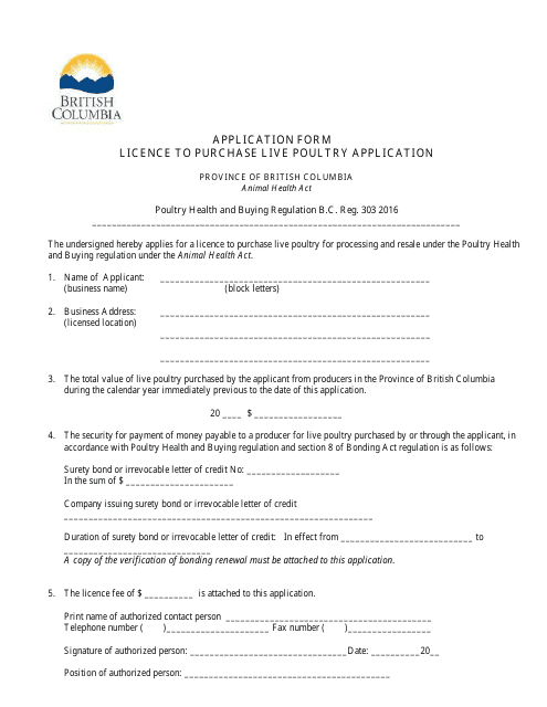 Application Form - Licence to Purchase Live Poultry - British Columbia, Canada